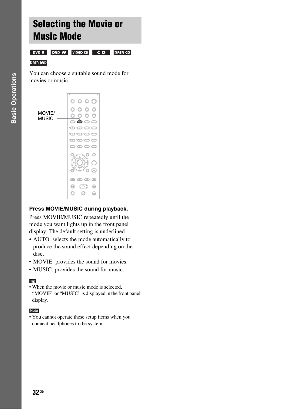 Selecting the movie or music mode, Selecting the movie or music, Mode | Sony DAV-DZ119 User Manual | Page 32 / 100