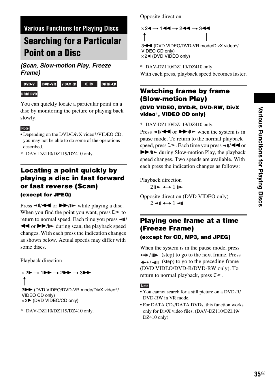 Various functions for playing discs, Searching for a particular point on a disc, Watching frame by frame (slow-motion play) | Playing one frame at a time (freeze frame), Searching for a particular point, On a disc (scan, slow-motion play, freeze frame) | Sony DAV-DZ119 User Manual | Page 35 / 100