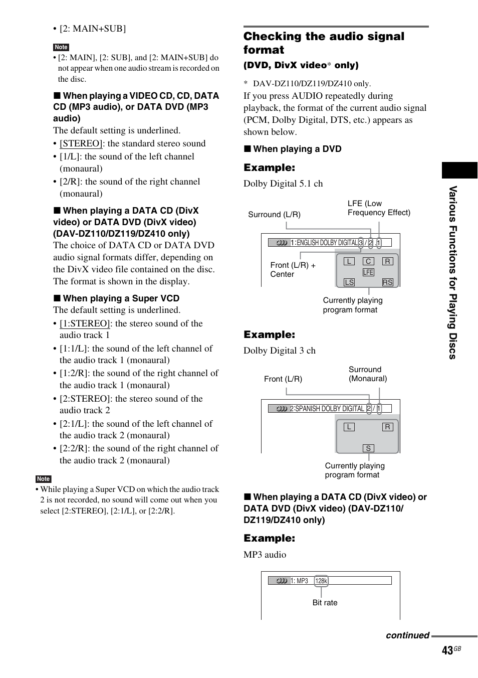 Checking the audio signal format | Sony DAV-DZ119 User Manual | Page 43 / 100