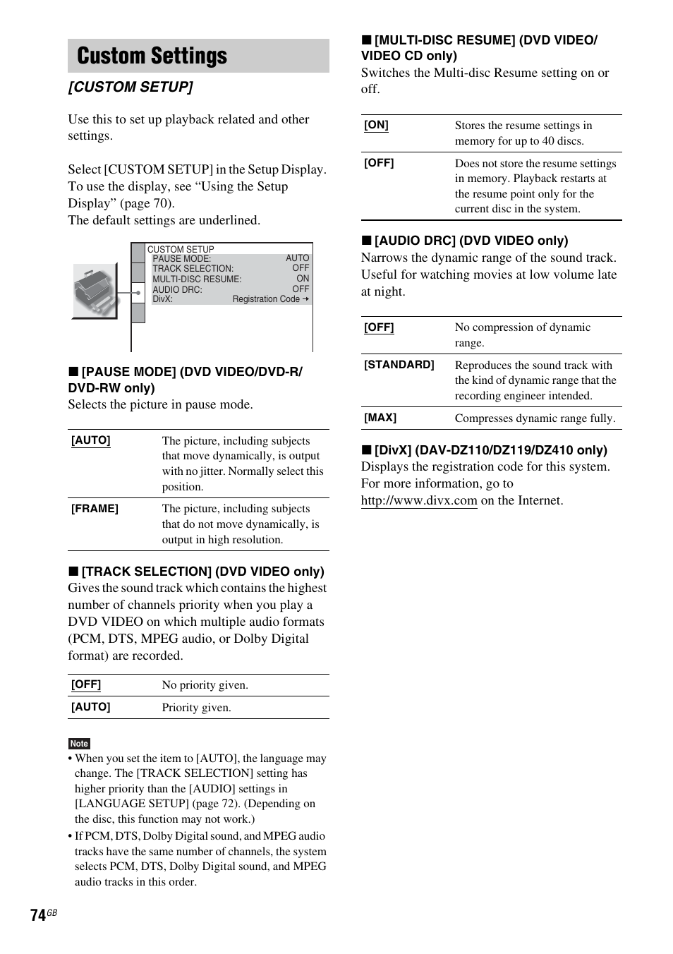 Custom settings, Custom setup | Sony DAV-DZ119 User Manual | Page 74 / 100