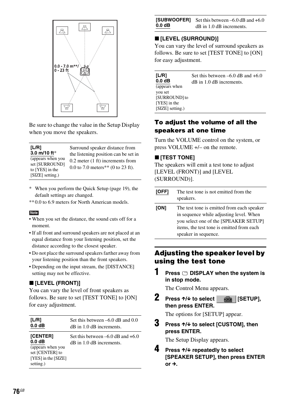 Adjusting the speaker level by using the test tone | Sony DAV-DZ119 User Manual | Page 76 / 100