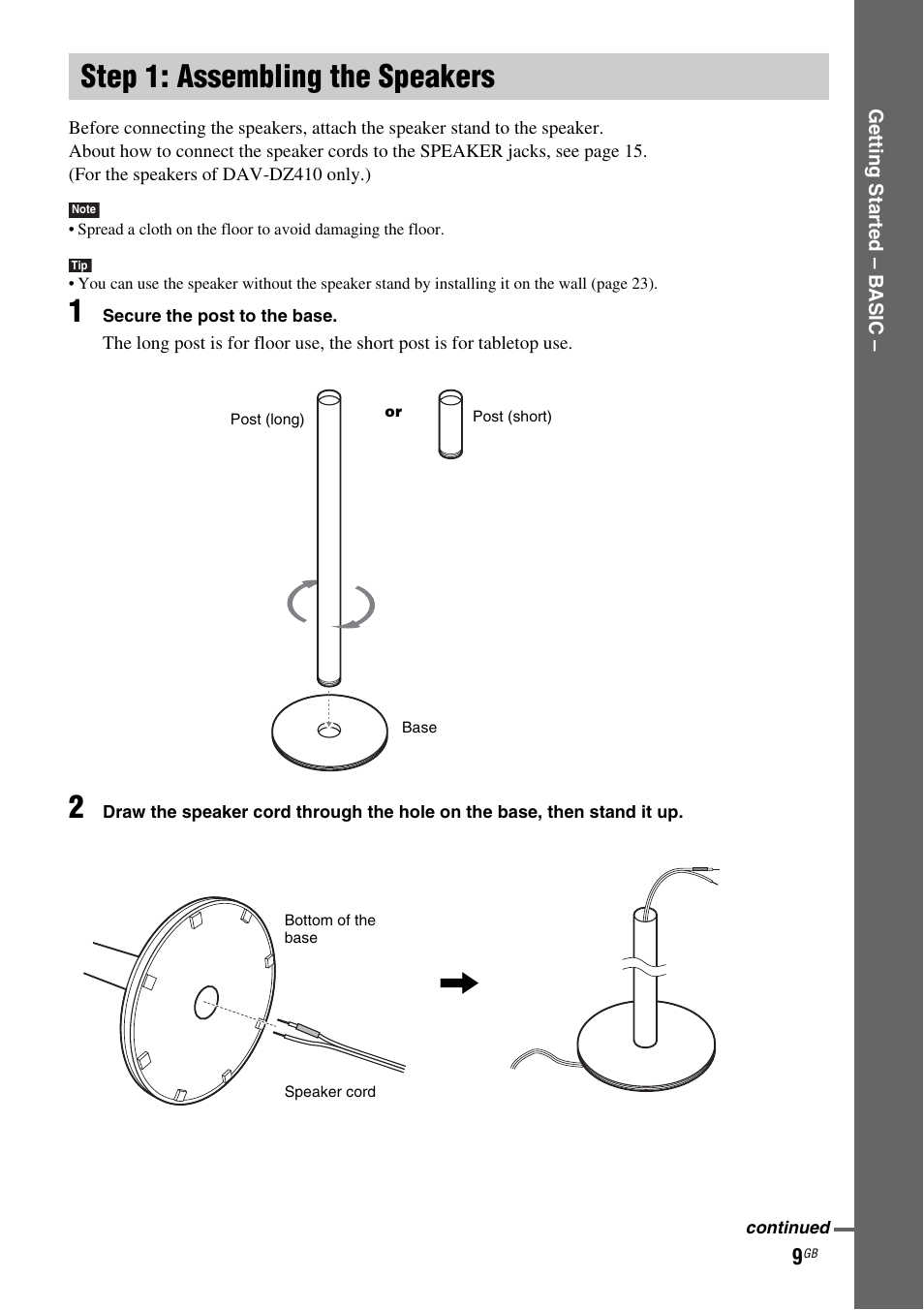 Step 1: assembling the speakers, Step 1: assembling, The speakers | Sony DAV-DZ119 User Manual | Page 9 / 100