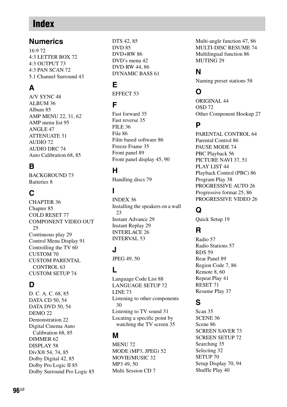 Index, Numerics | Sony DAV-DZ119 User Manual | Page 96 / 100