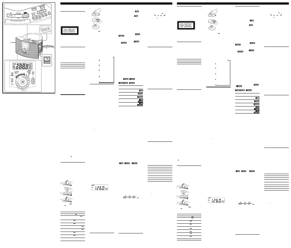 Funcionamento do rádio, Uso della radio, Impostazione della sveglia | Attenzione, Precauzioni, Soluzione di problemi, Caratteristiche tecniche, Prima di cominciare, Caratteristiche, Impostazione di ora e data | Sony Dream Machine ICF-CD823L User Manual | Page 2 / 2