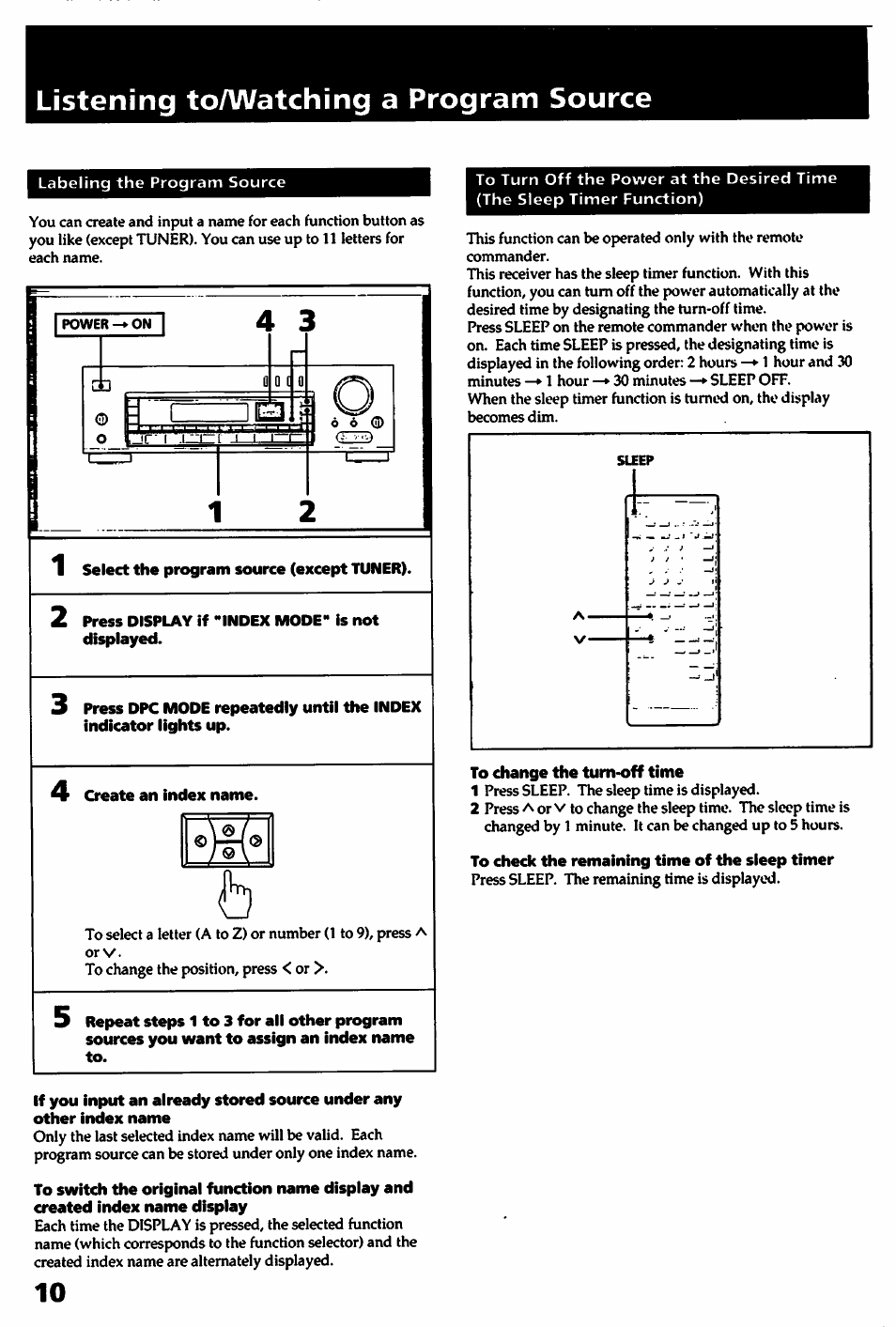 Listening toaaaatching a program source, 1 select the program source (except tuner), 2 press display if "index mode* is not displayed | To change the turn-off time, To check the remaining time of the sleep timer, Listening to/watching a program source | Sony STR- D915 User Manual | Page 10 / 35