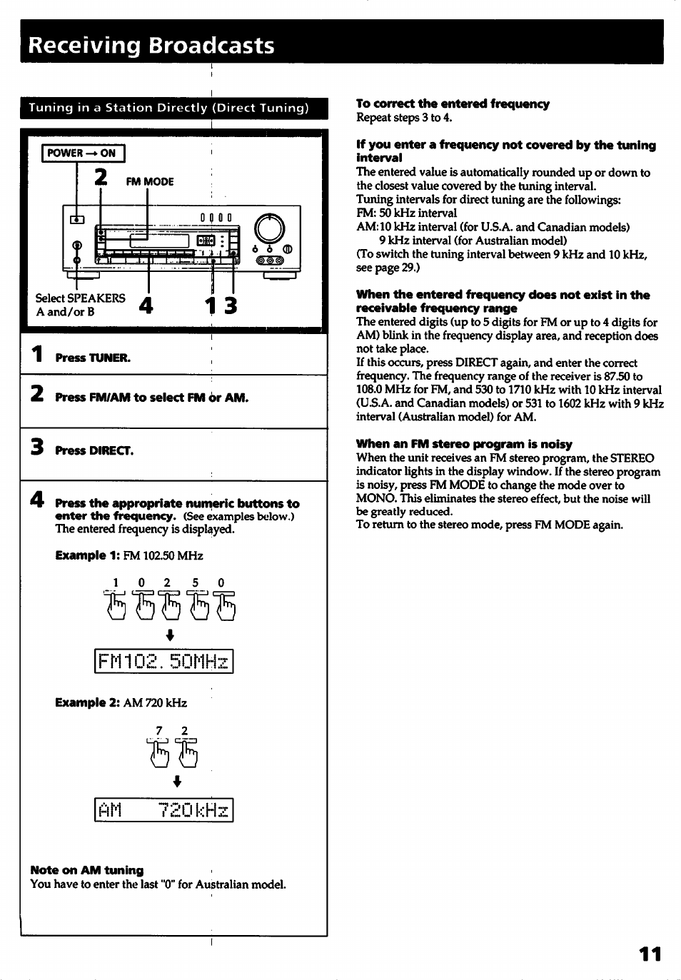 Press tuner, Press fm/am to select fm or am, Press direct | Note on am tuning, To correct the entered frequency, When an fm stereo program is noisy, Receiving broadcasts, Fm02. 50mh, 720 kh | Sony STR- D915 User Manual | Page 11 / 35