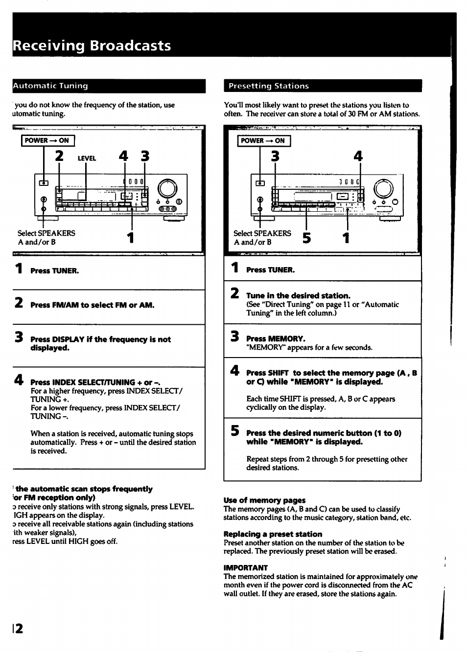 Press tuner, 3 press display if the frequency is not dispiayed, 4 press index select/tuning + or | Tune in the desired station, Replacing a preset station, Important, Receiving broadcasts | Sony STR- D915 User Manual | Page 12 / 35