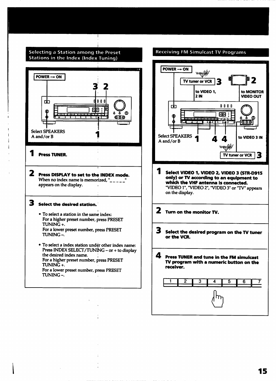 Press tuner, Press display to set to the index mode, Select the desired station | Turn on the monitor tv, Ip i, M m m | Sony STR- D915 User Manual | Page 15 / 35