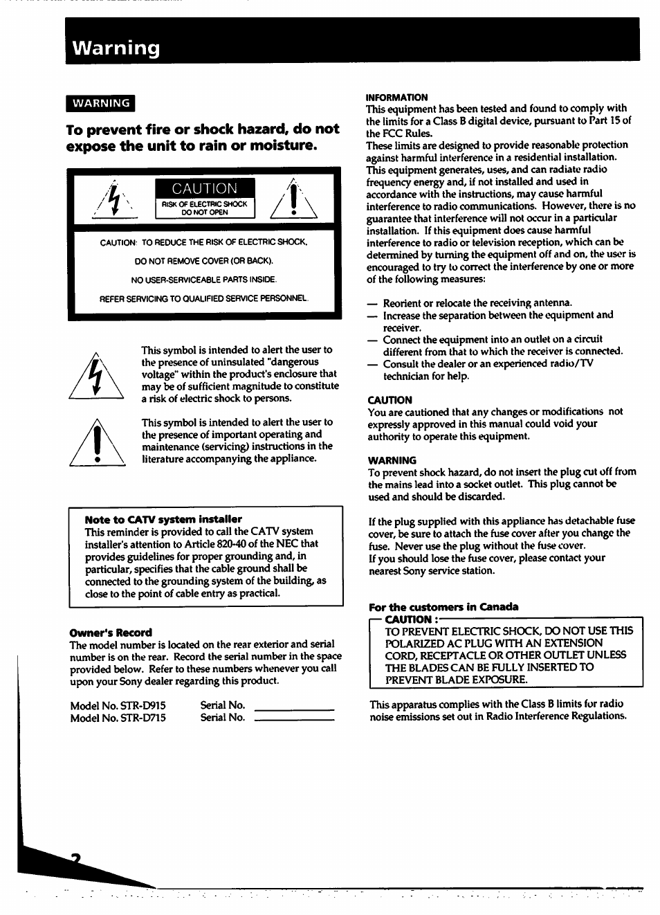 Warning, Note to catv system installer, Owner's record | Caution, For the customers in canada, R— caution | Sony STR- D915 User Manual | Page 2 / 35