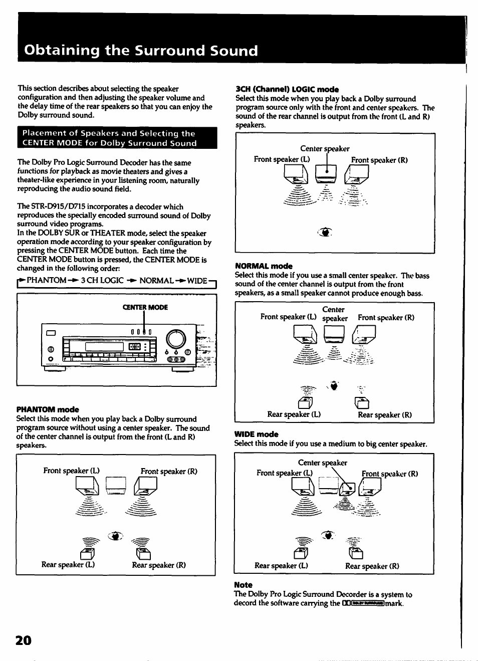 Phantom mode, 3ch (channel) logic mode, Normal mode | Obtaining the surround sound | Sony STR- D915 User Manual | Page 20 / 35