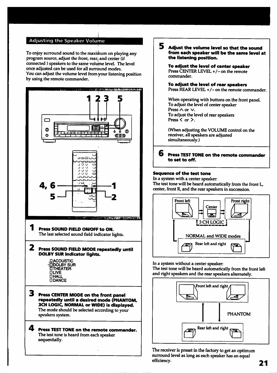 Sequence of the test tone, 1 press sound field on/off to on, 4 press test tone on the remote commander | Sony STR- D915 User Manual | Page 21 / 35