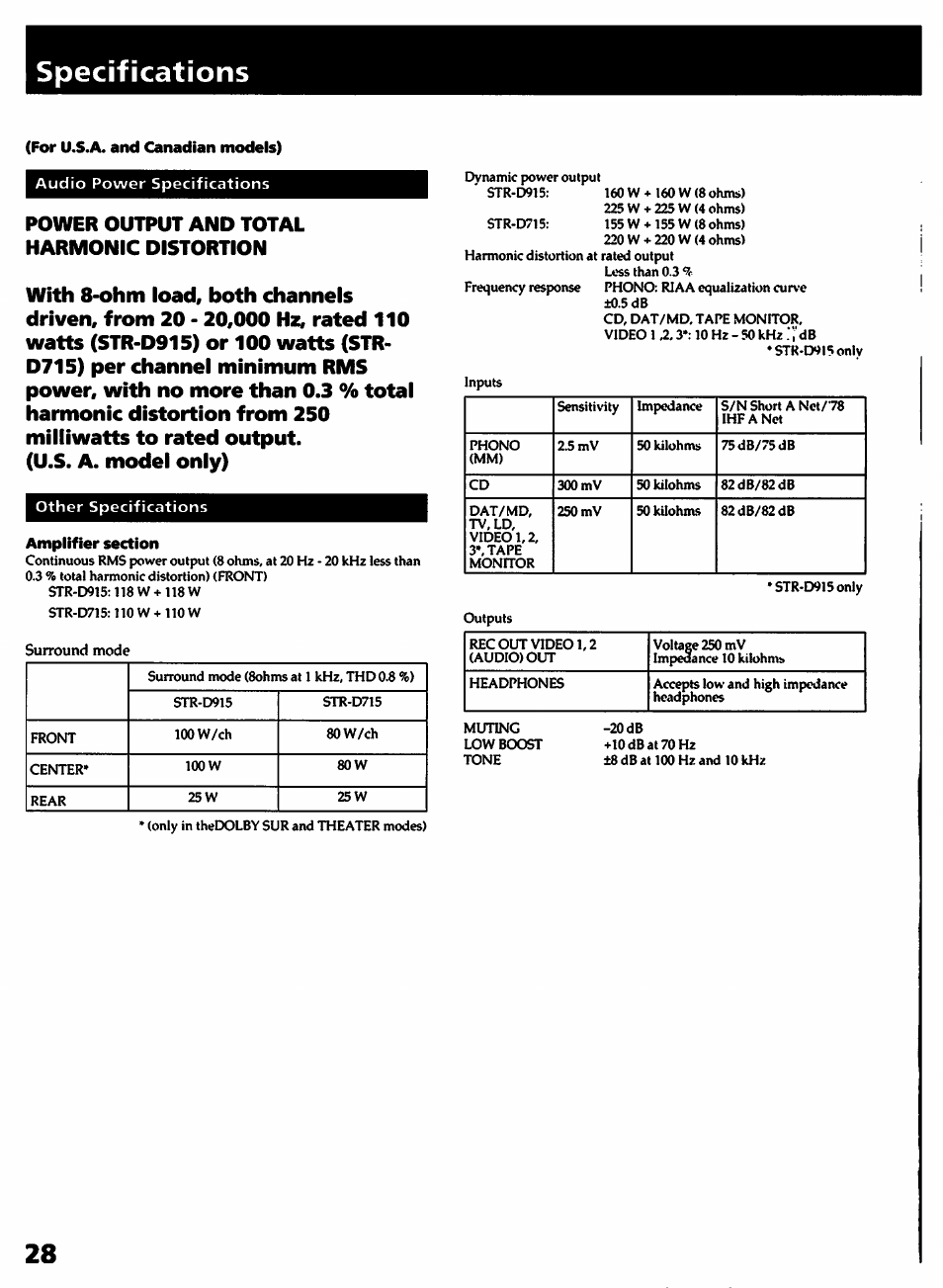 For u.s.a. and canadian models), Amplifier section, Specifications | Sony STR- D915 User Manual | Page 28 / 35