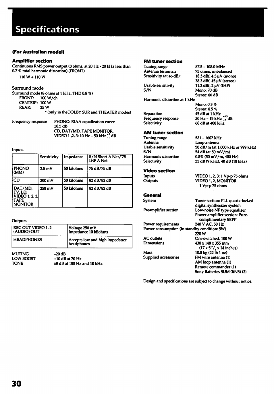 For australian model), Amplifier section, Fm tuner section | Am tuner section, Video section, General, Specifications | Sony STR- D915 User Manual | Page 30 / 35