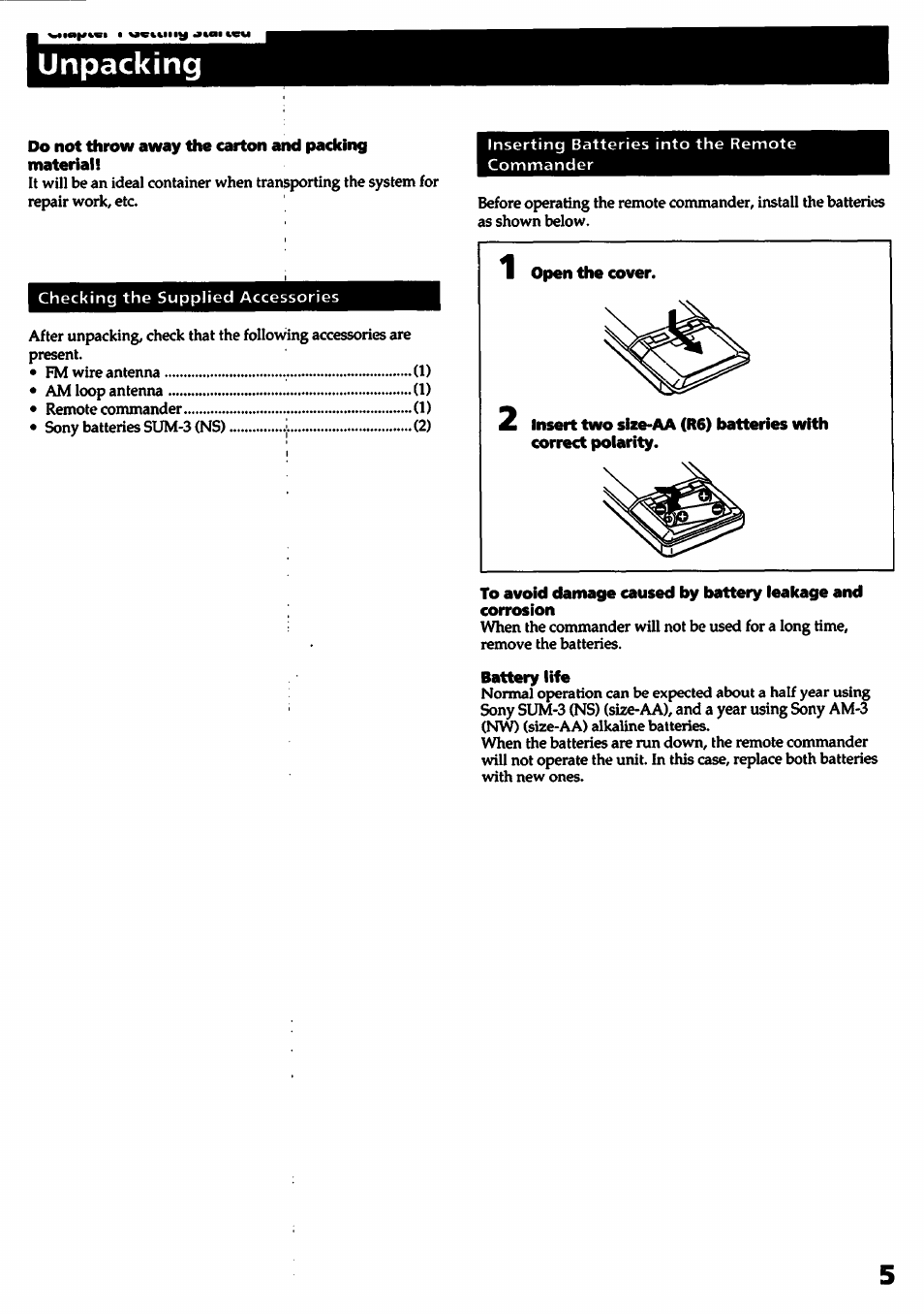 Do not throw away the carton and packing material, Open the cover, Battery life | Unpacking | Sony STR- D915 User Manual | Page 5 / 35