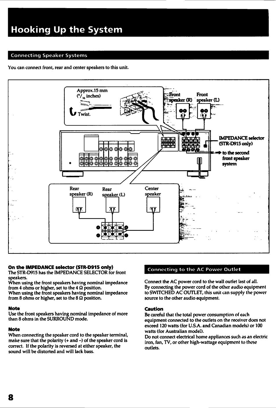 On the impedance selector (str-d915 only), Note, Caution | Hooking up the system | Sony STR- D915 User Manual | Page 8 / 35