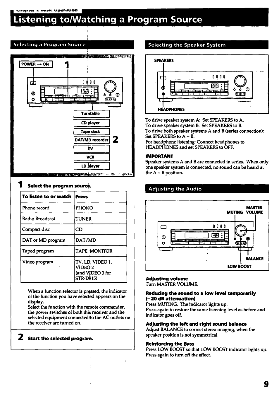 Tape deck, Important, Adjusting volume | Listening toaa/atching a program source | Sony STR- D915 User Manual | Page 9 / 35