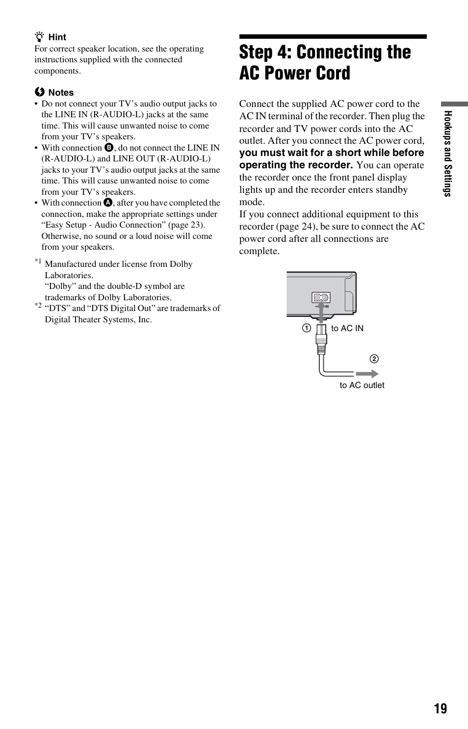 Step 4: connecting the ac power cord | Sony RDR-GX33 User Manual | Page 19 / 100