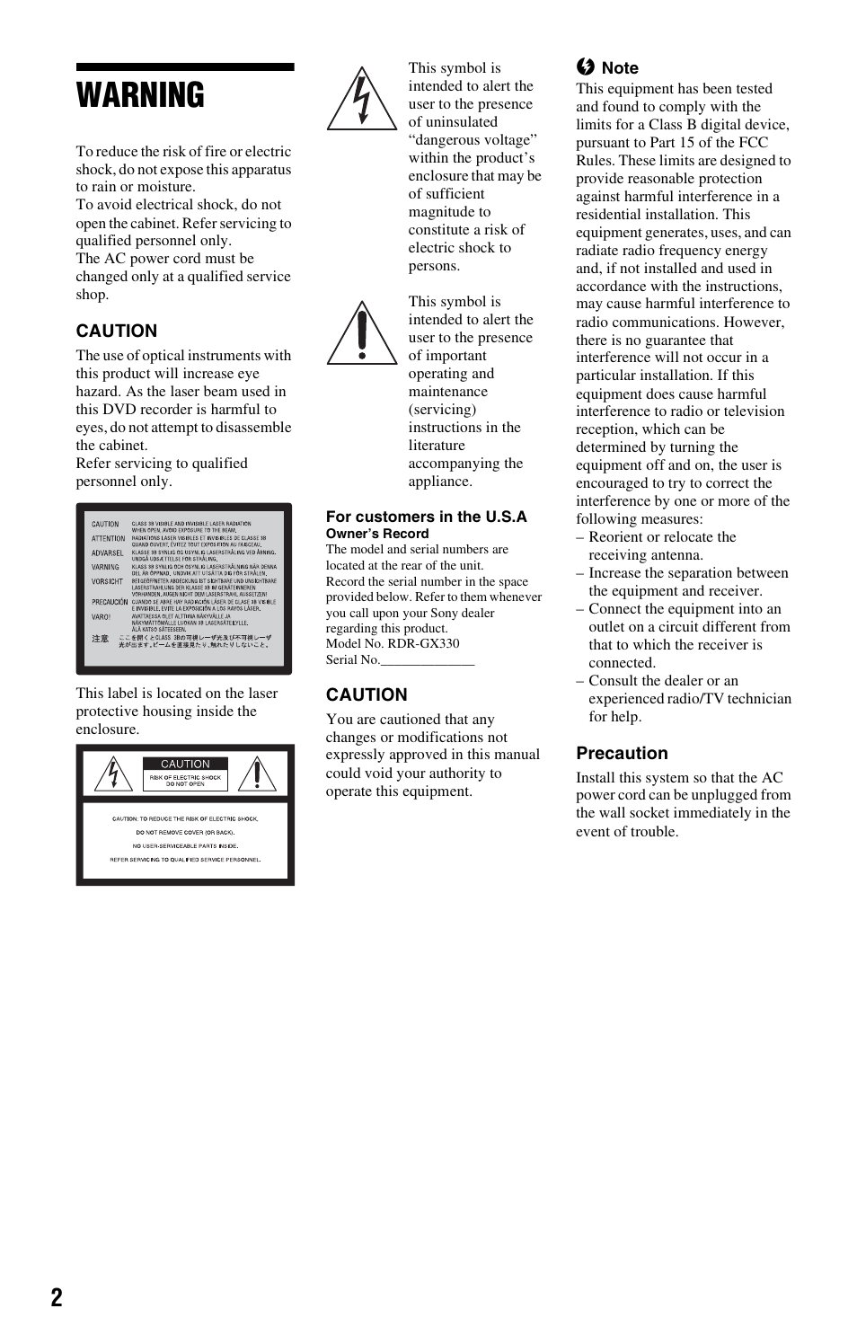 Warning | Sony RDR-GX33 User Manual | Page 2 / 100