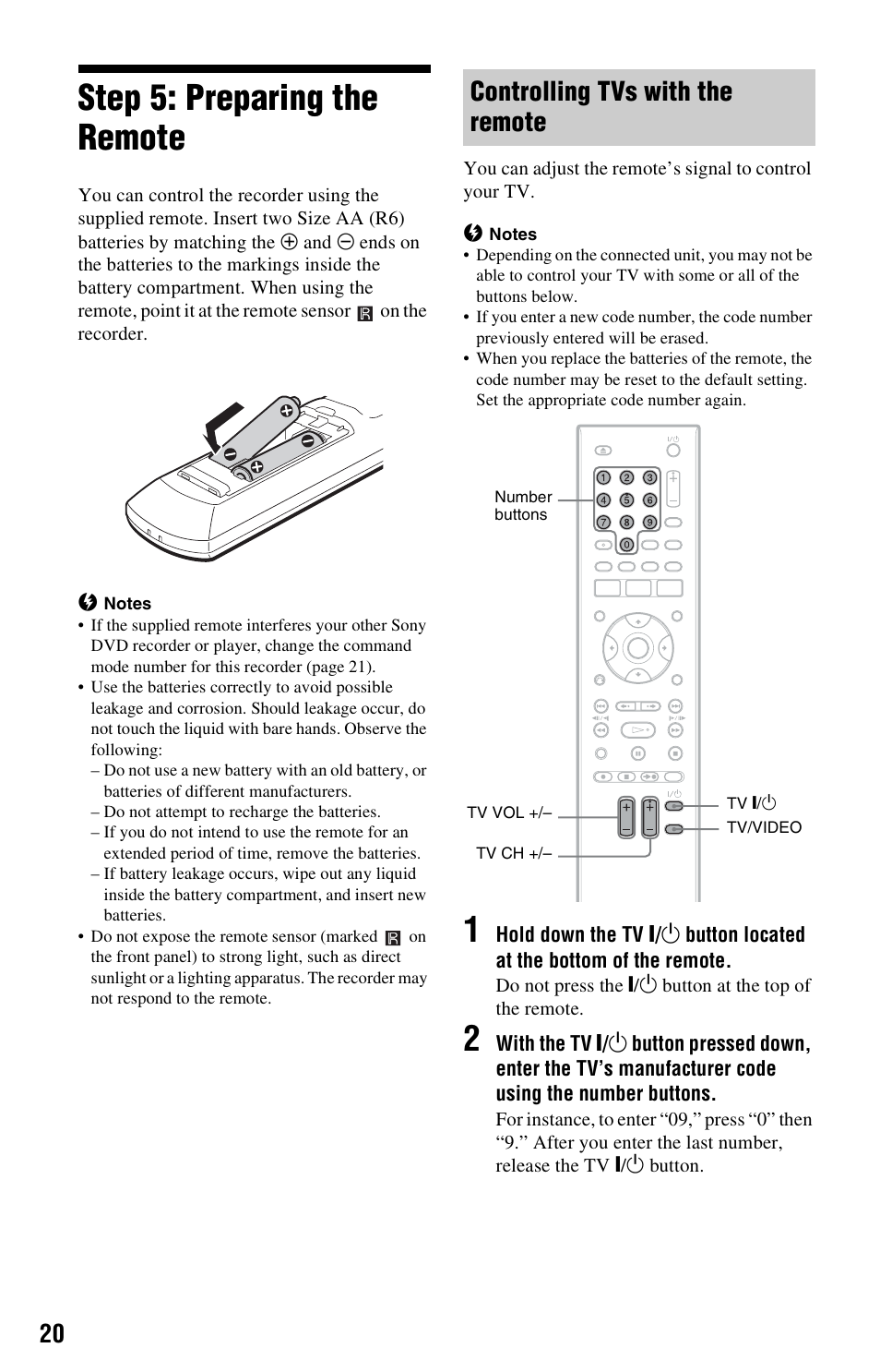 Step 5: preparing the remote, Controlling tvs with the remote | Sony RDR-GX33 User Manual | Page 20 / 100