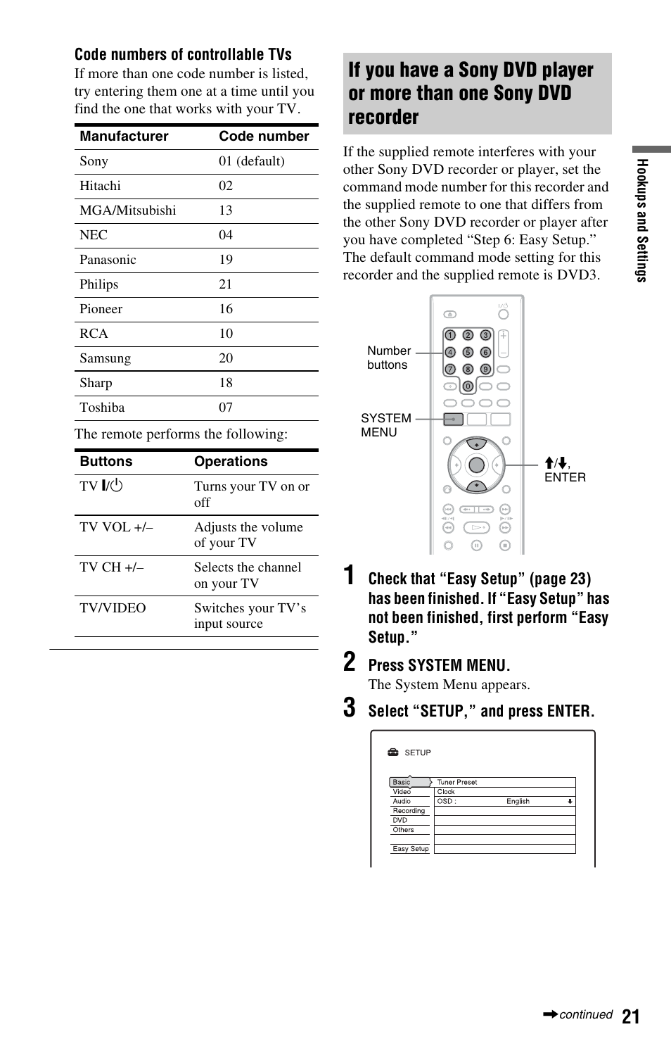 If you have a sony dvd player or more than one, Sony dvd recorder | Sony RDR-GX33 User Manual | Page 21 / 100