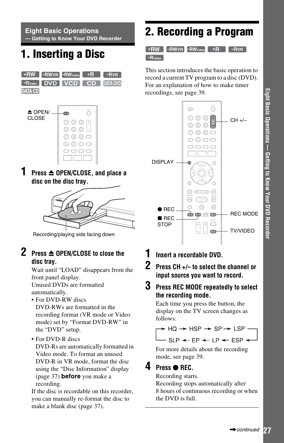 Inserting a disc, Recording a program, Inserting a disc 2. recording a program | Eight basic operations, Getting to know your dvd recorder, Inserting a disc 1 | Sony RDR-GX33 User Manual | Page 27 / 100