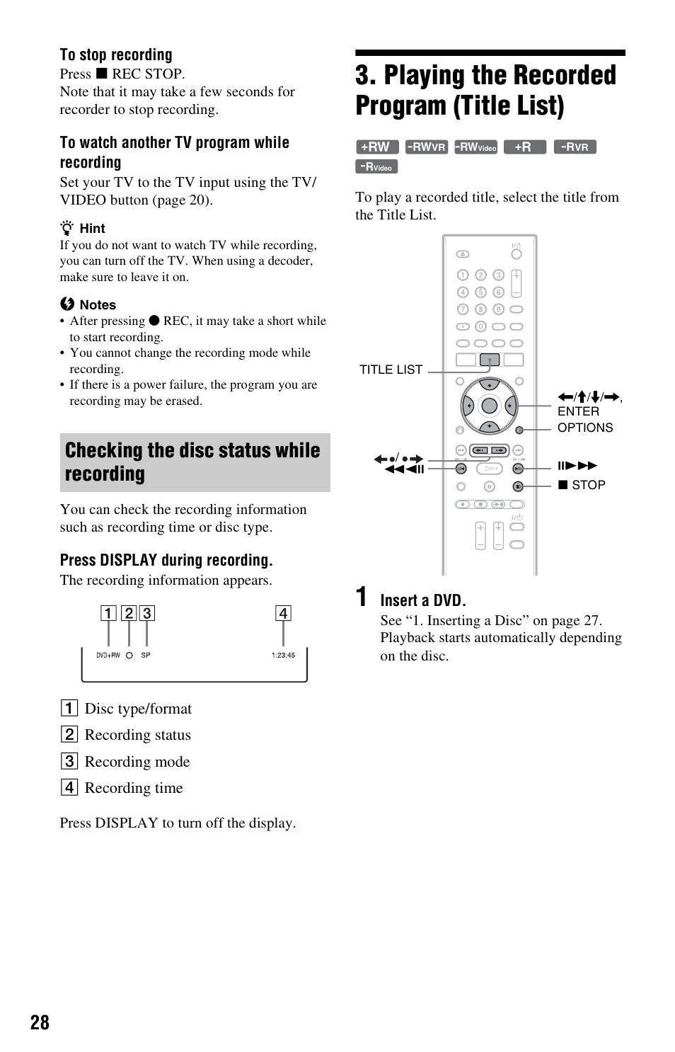 Checking the disc status while recording, Playing the recorded program (title list) | Sony RDR-GX33 User Manual | Page 28 / 100