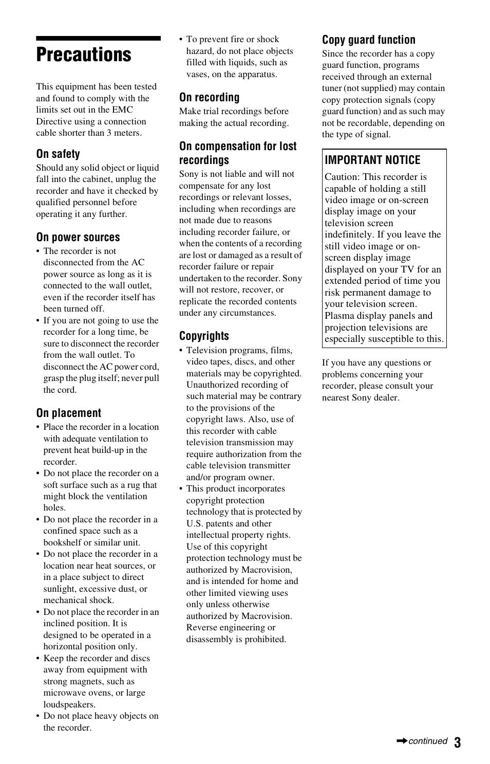 Precautions | Sony RDR-GX33 User Manual | Page 3 / 100