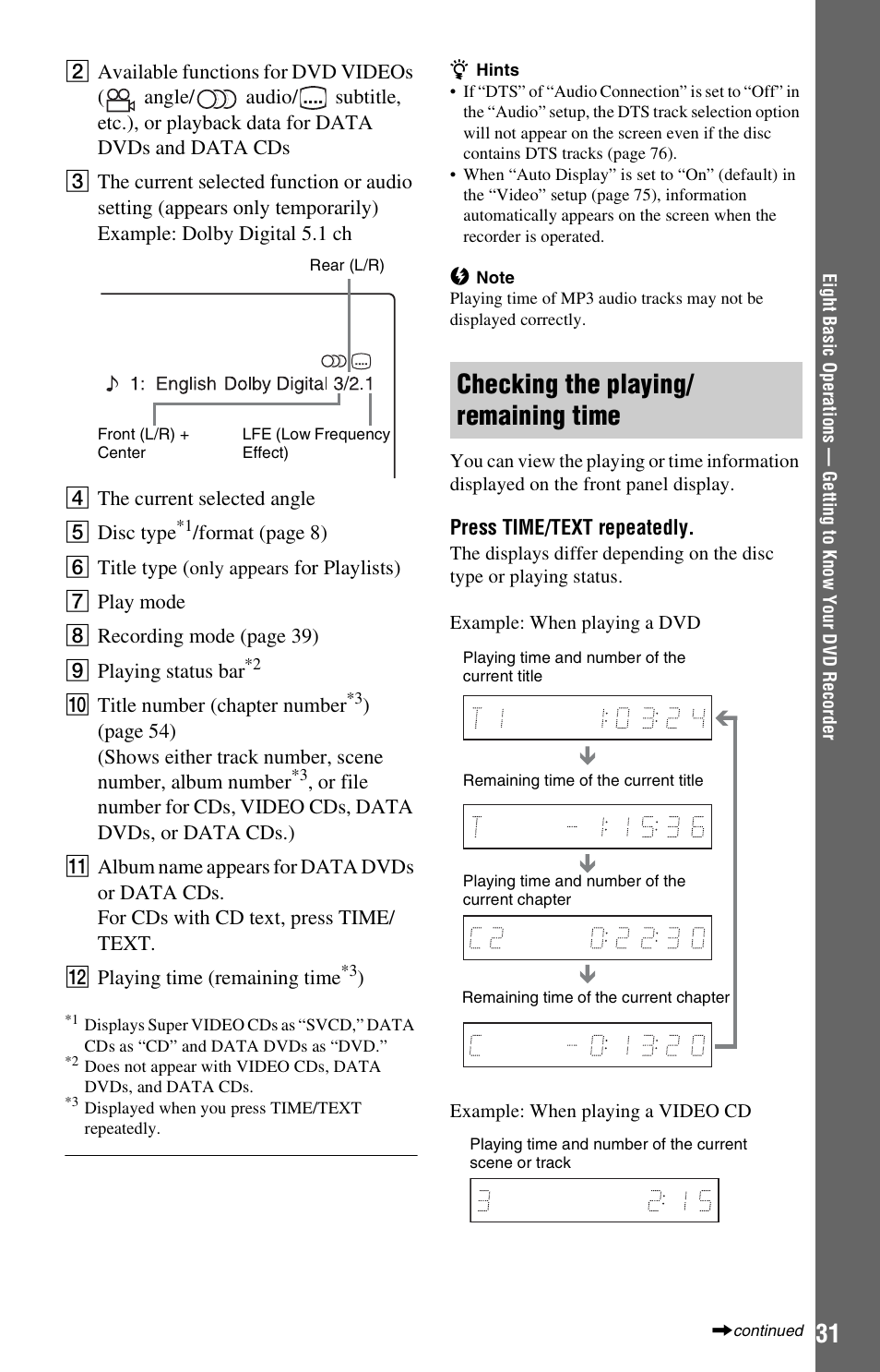 Checking the playing/ remaining time, Checking the playing/remaining time | Sony RDR-GX33 User Manual | Page 31 / 100