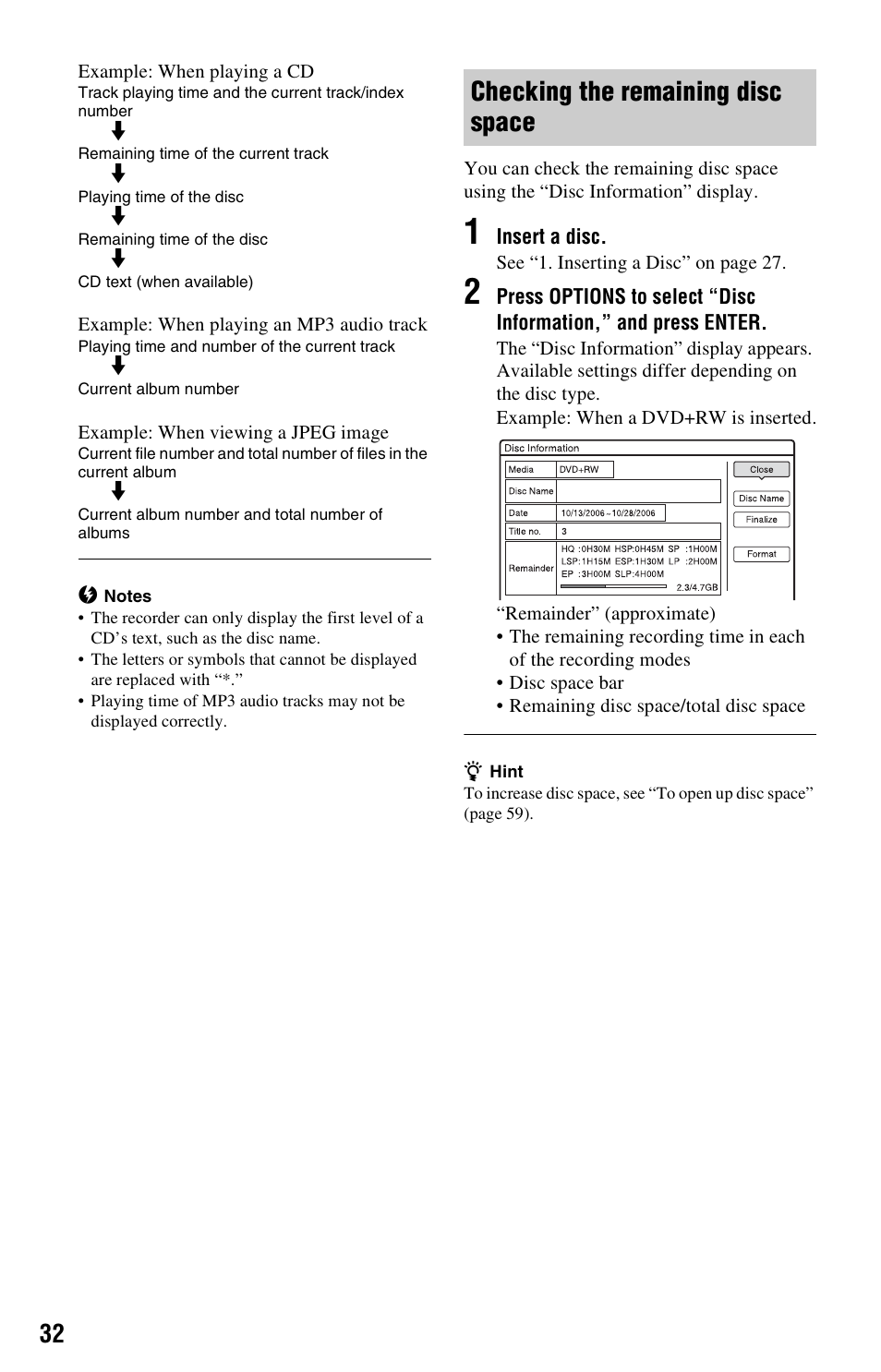 Checking the remaining disc space | Sony RDR-GX33 User Manual | Page 32 / 100