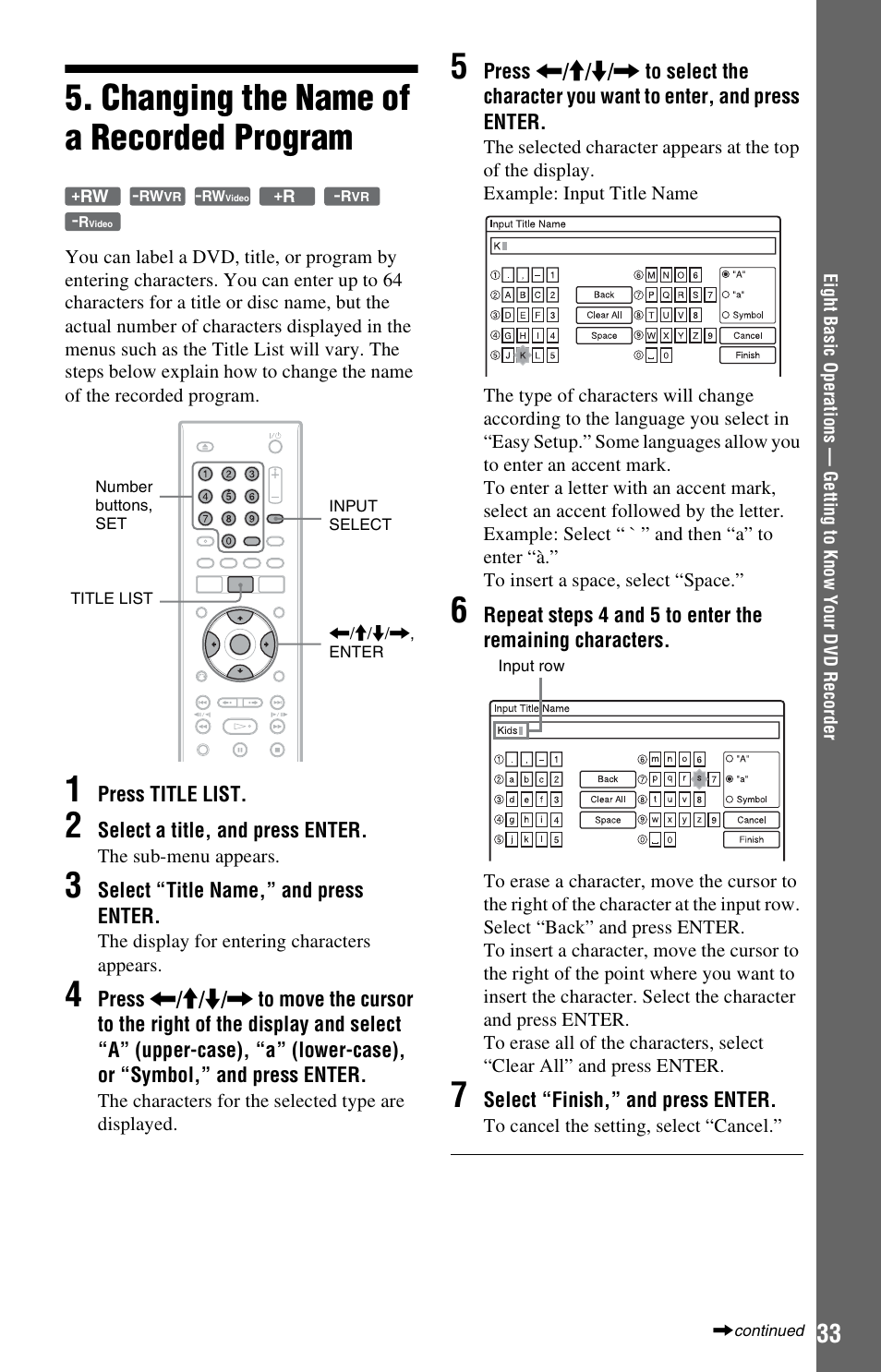 Changing the name of a recorded program | Sony RDR-GX33 User Manual | Page 33 / 100