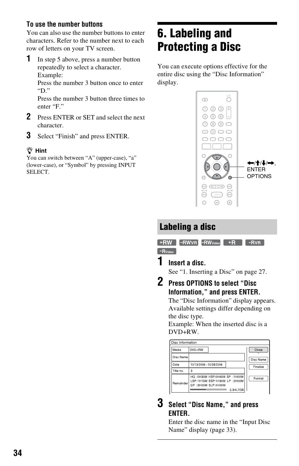 Labeling and protecting a disc, Labeling a disc | Sony RDR-GX33 User Manual | Page 34 / 100