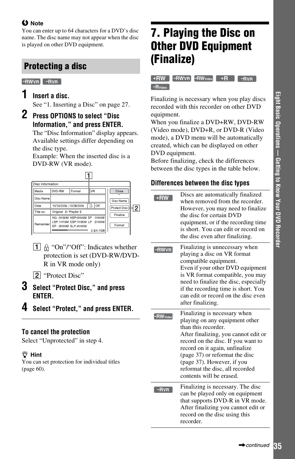 Protecting a disc, Playing the disc on other dvd equipment (finalize) | Sony RDR-GX33 User Manual | Page 35 / 100