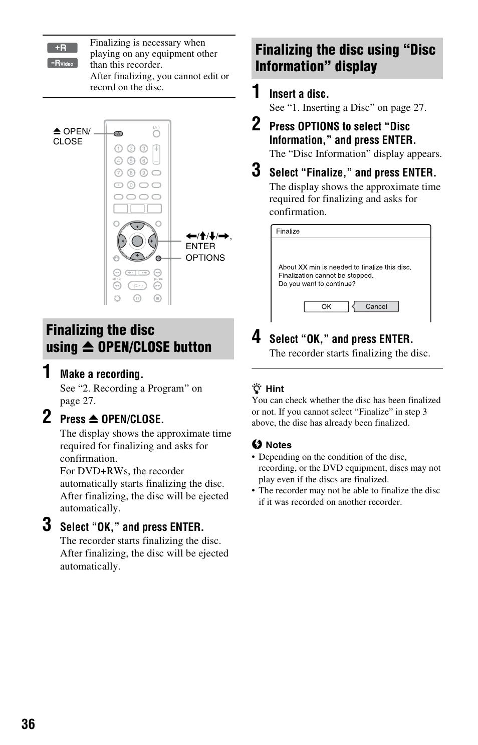 Finalizing the disc using z open/close button, Finalizing the disc using z | Sony RDR-GX33 User Manual | Page 36 / 100