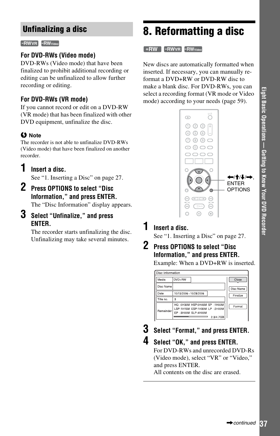 Unfinalizing a disc, Reformatting a disc | Sony RDR-GX33 User Manual | Page 37 / 100