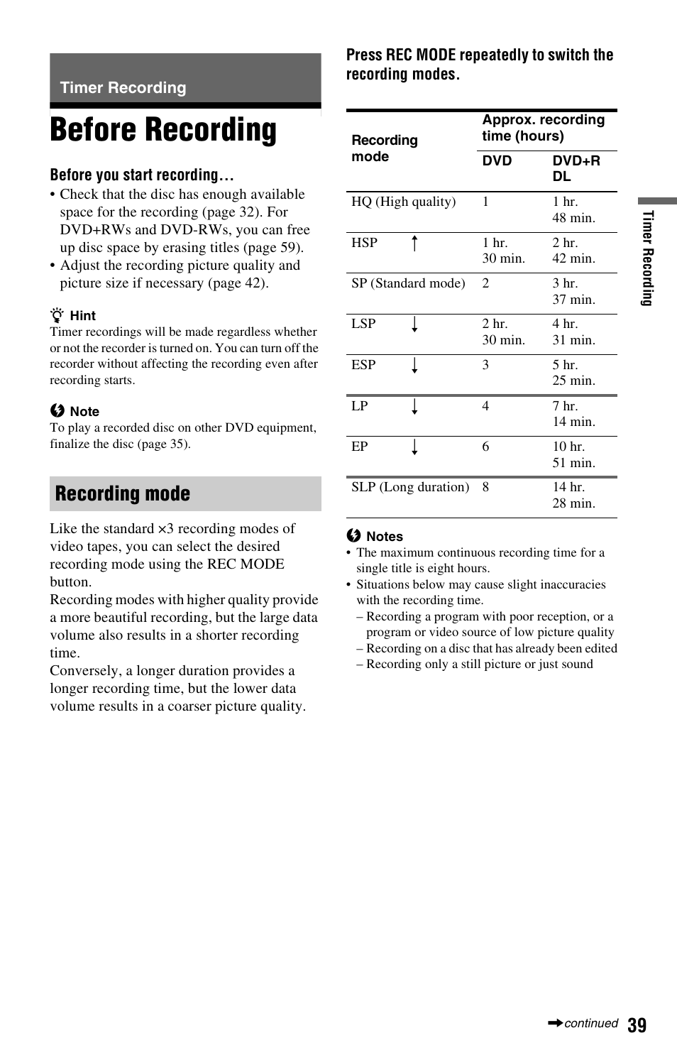 Timer recording, Before recording, Recording mode | Sony RDR-GX33 User Manual | Page 39 / 100