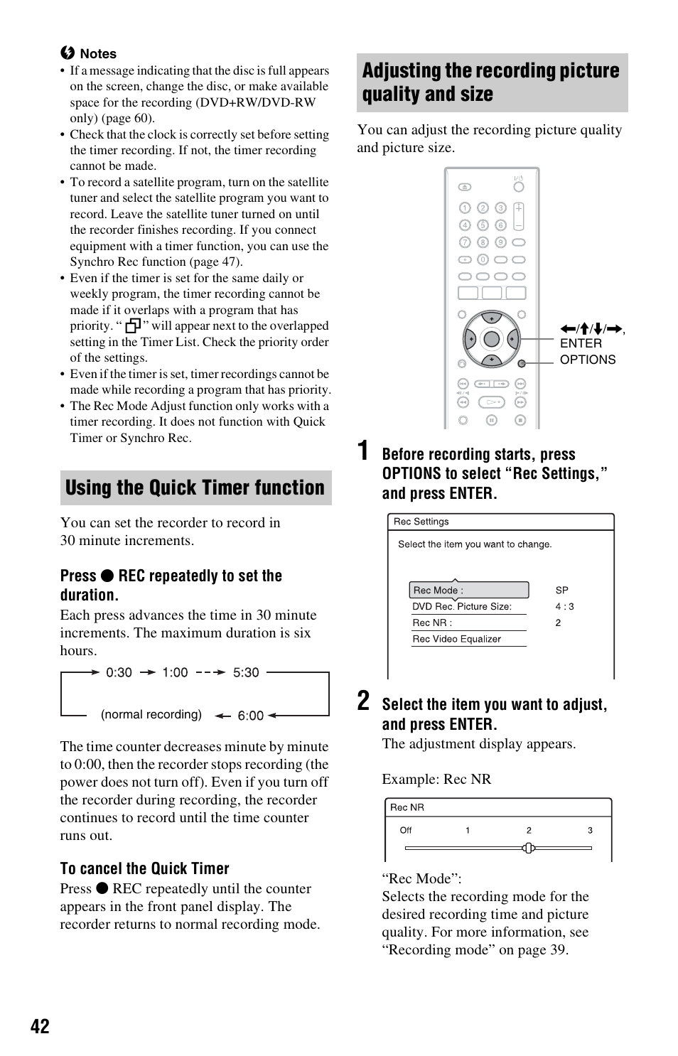 Using the quick timer function, Adjusting the recording picture quality and size | Sony RDR-GX33 User Manual | Page 42 / 100