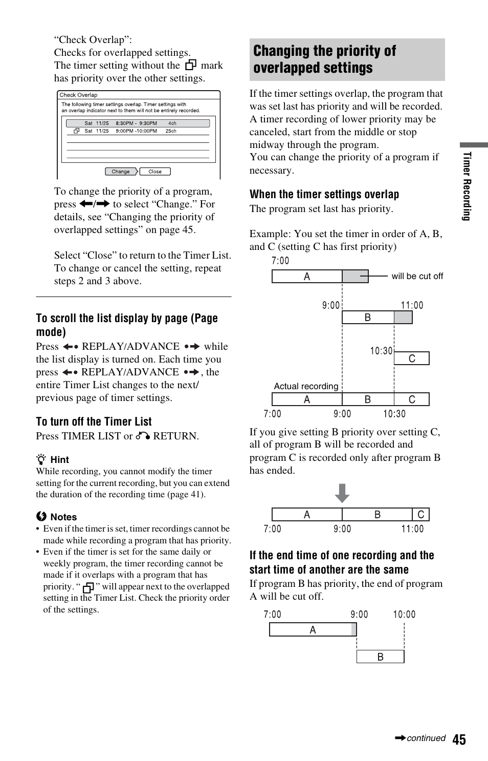 Changing the priority of overlapped settings | Sony RDR-GX33 User Manual | Page 45 / 100