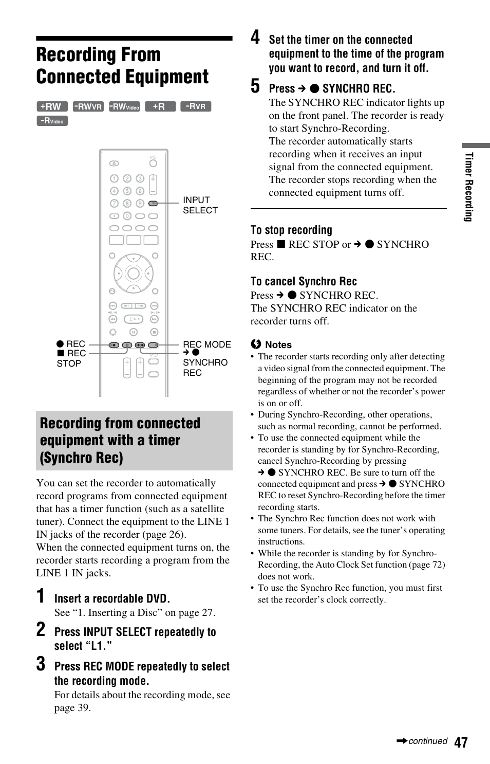 Recording from connected equipment | Sony RDR-GX33 User Manual | Page 47 / 100