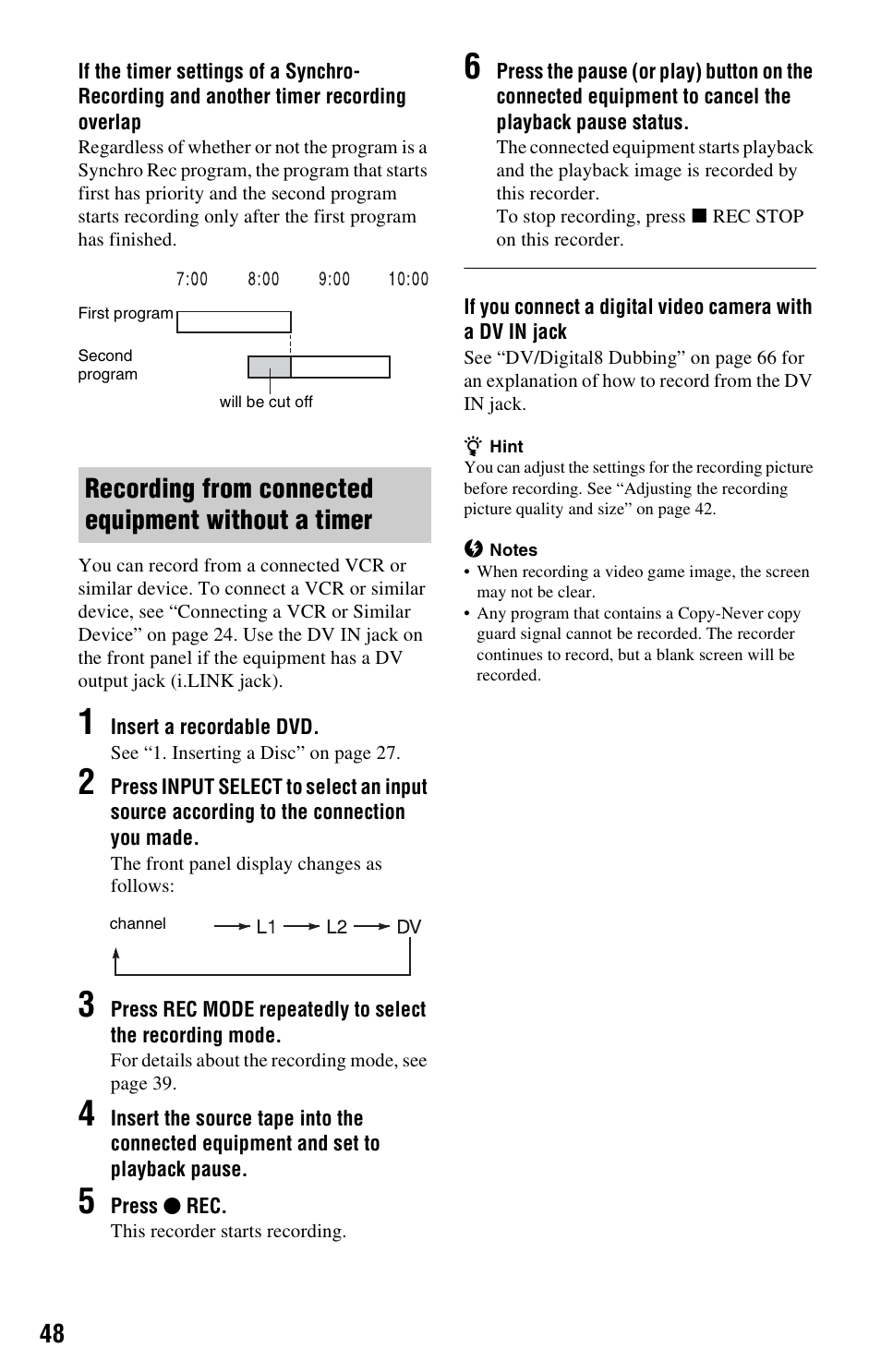 Recording from connected equipment without a timer | Sony RDR-GX33 User Manual | Page 48 / 100