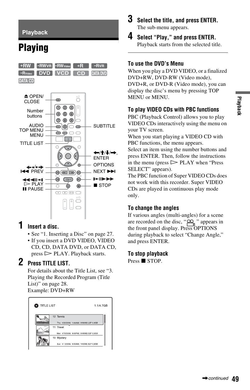 Playback, Playing, Playing 1 | Sony RDR-GX33 User Manual | Page 49 / 100