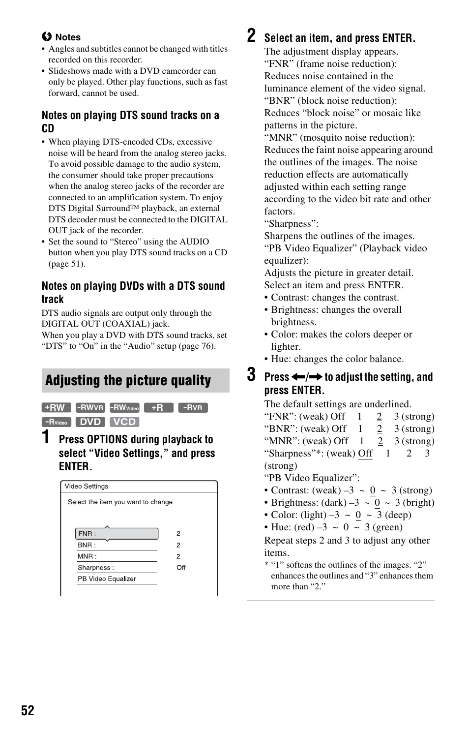 Adjusting the picture quality | Sony RDR-GX33 User Manual | Page 52 / 100