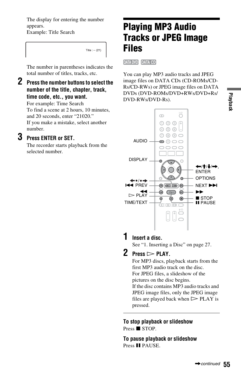 Playing mp3 audio tracks or jpeg image files | Sony RDR-GX33 User Manual | Page 55 / 100