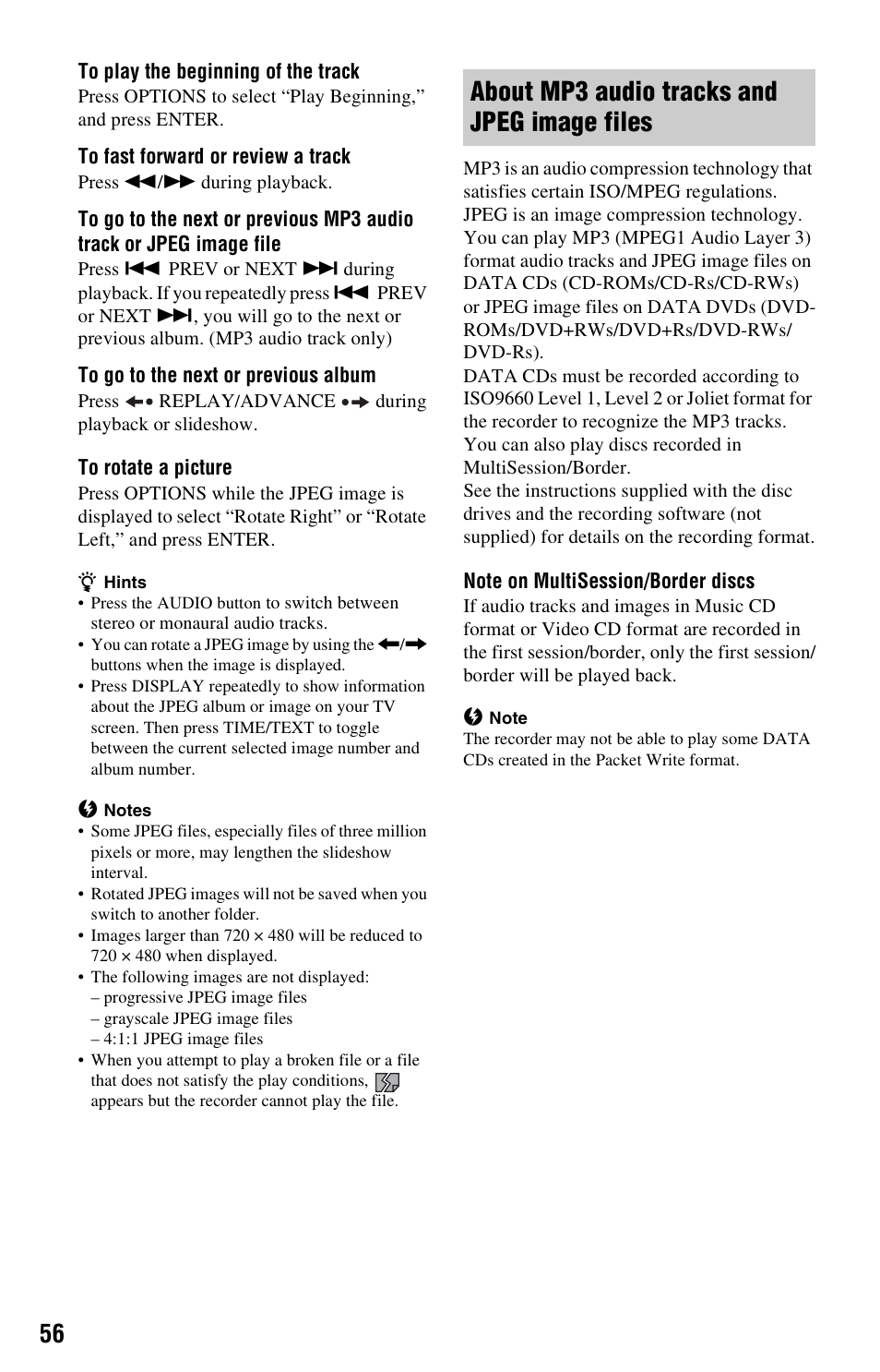 About mp3 audio tracks and jpeg image files | Sony RDR-GX33 User Manual | Page 56 / 100