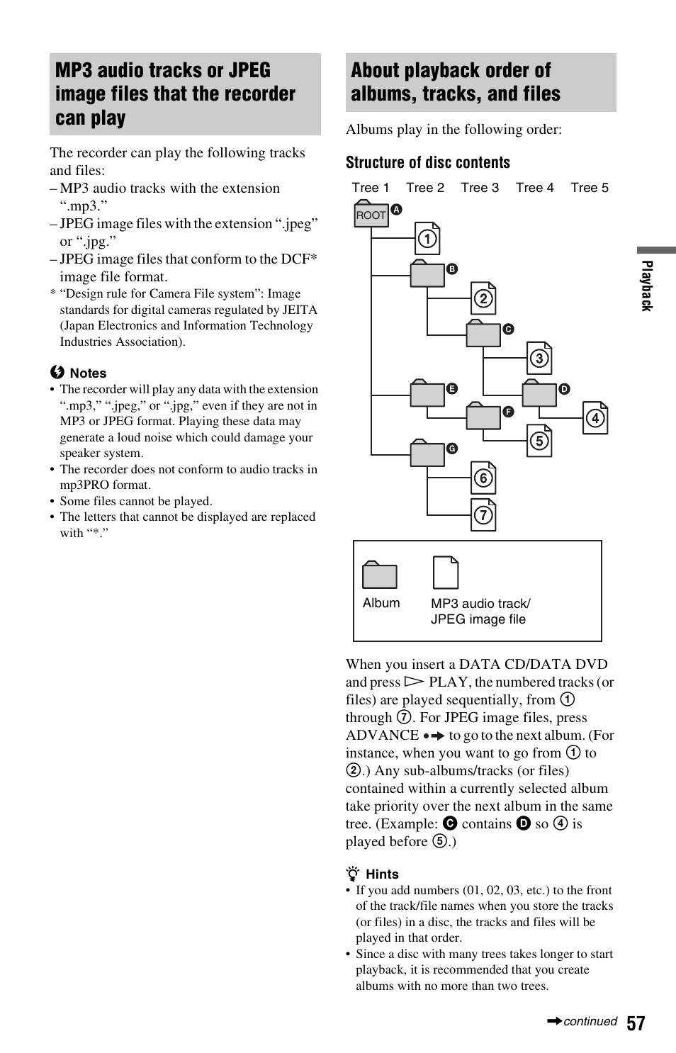 About playback order of albums, tracks, and files | Sony RDR-GX33 User Manual | Page 57 / 100