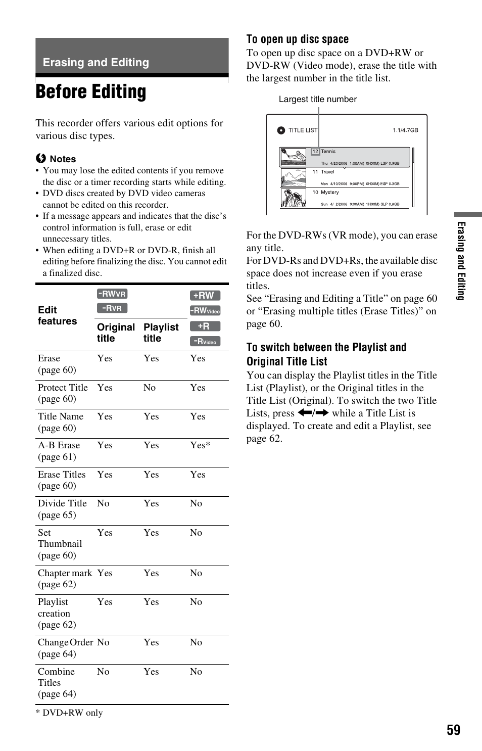 Erasing and editing, Before editing | Sony RDR-GX33 User Manual | Page 59 / 100