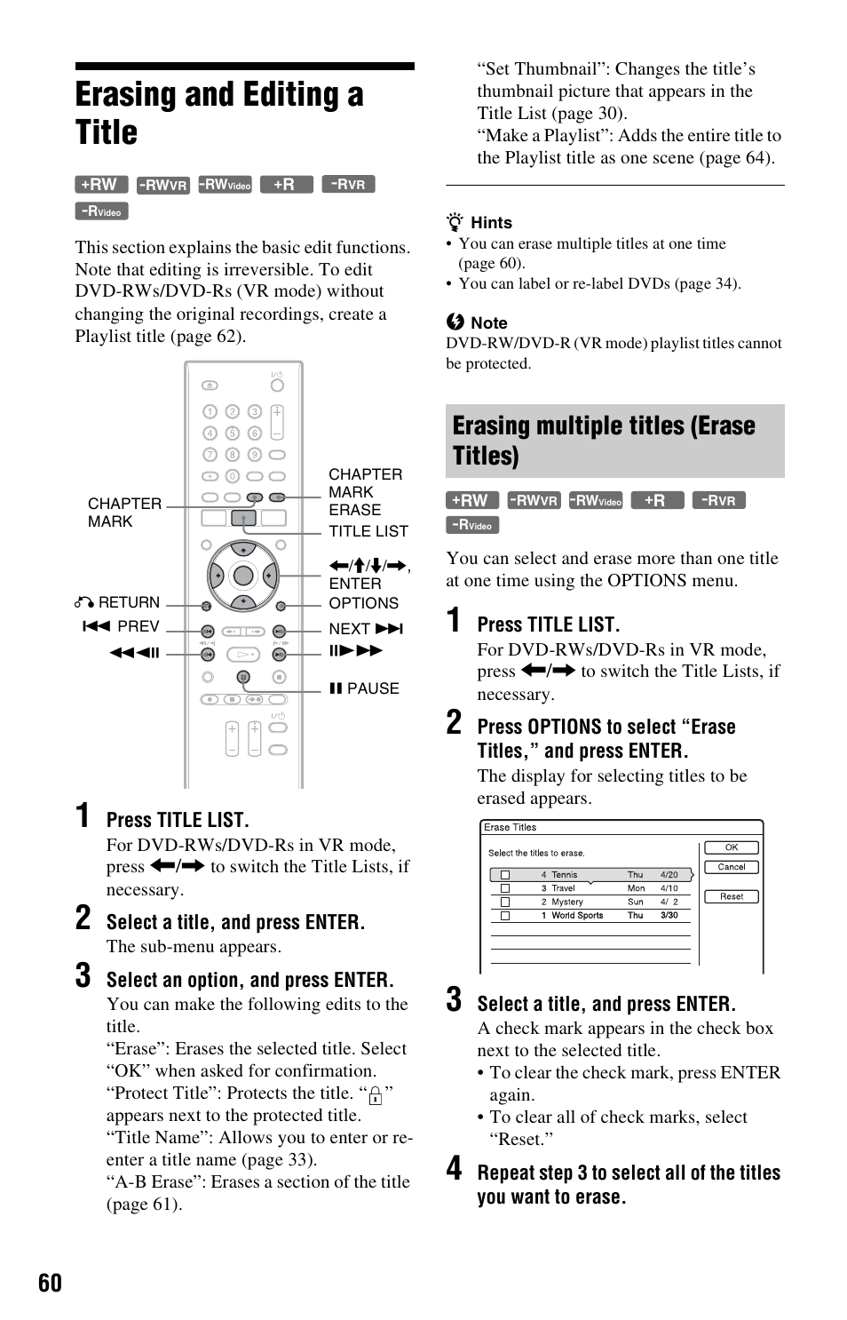 Erasing and editing a title, Erasing multiple titles (erase titles) | Sony RDR-GX33 User Manual | Page 60 / 100