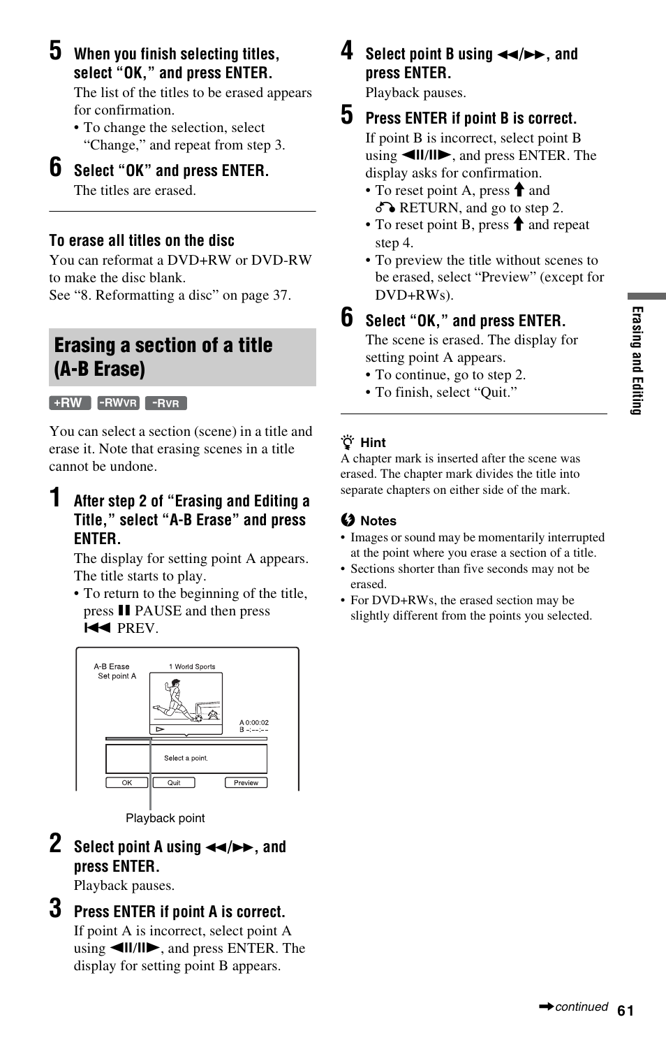 Erasing a section of a title (a-b erase) | Sony RDR-GX33 User Manual | Page 61 / 100