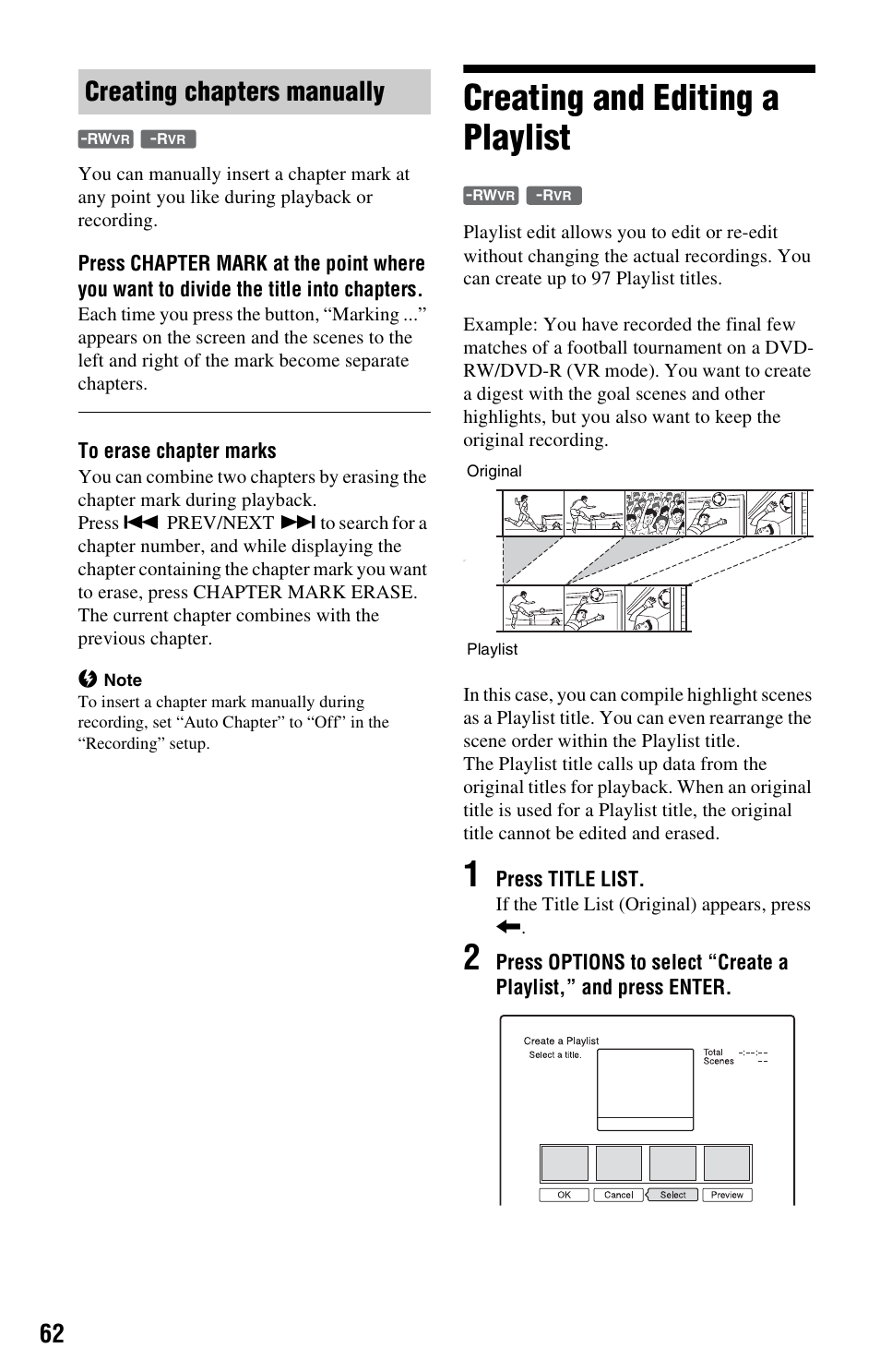 Creating chapters manually, Creating and editing a playlist | Sony RDR-GX33 User Manual | Page 62 / 100