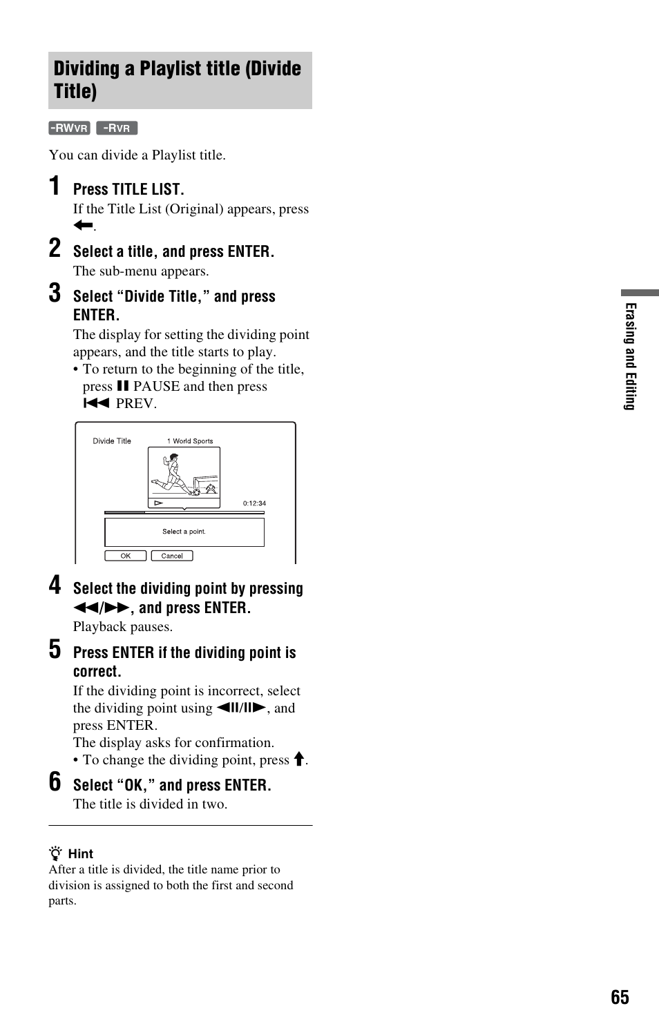 Dividing a playlist title (divide title) | Sony RDR-GX33 User Manual | Page 65 / 100