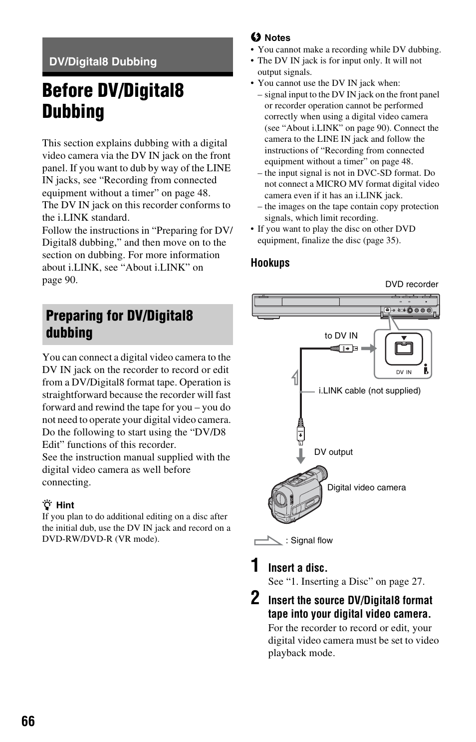 Dv/digital8 dubbing, Before dv/digital8 dubbing, Preparing for dv/digital8 dubbing | Sony RDR-GX33 User Manual | Page 66 / 100